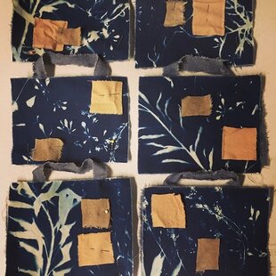 cyanotype collaged with naturally dyed cotton